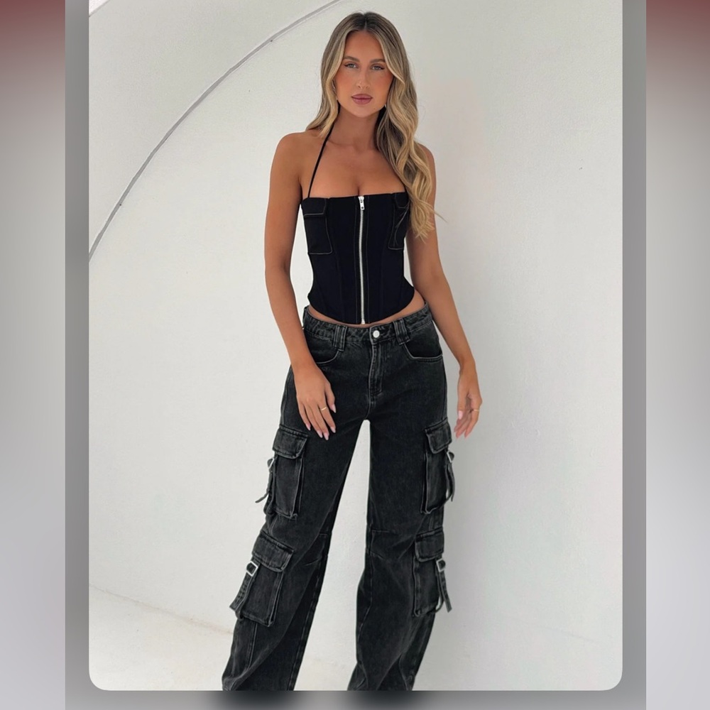 LONG NIGHT DENIM CARGO PANTS WASHED BLACK